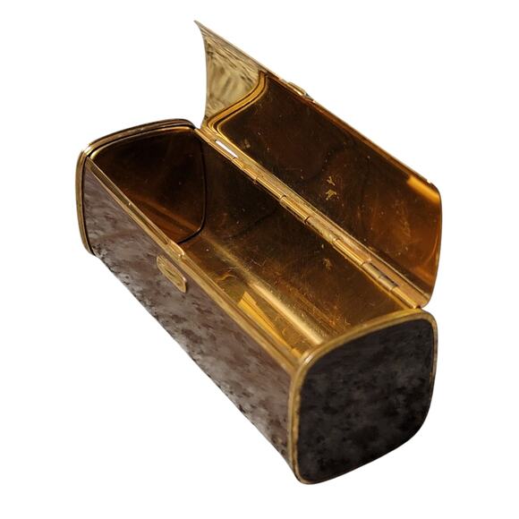 VTG 50s Lipstick Case Brown Gold Tone Metal Hinged Lid Push‎ Button Clasp MCM - Picture 9 of 9